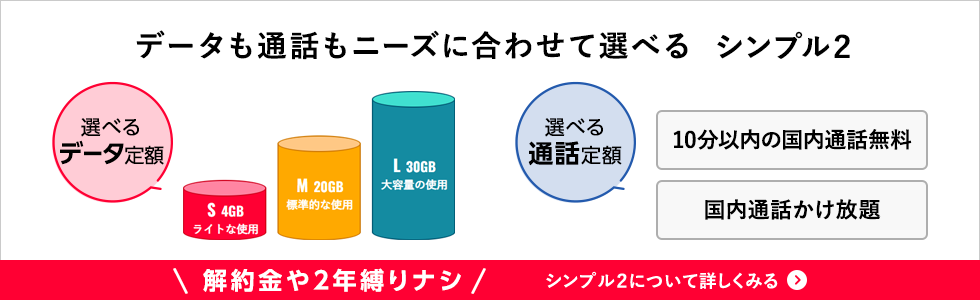 データも通話もニーズに合わせて選べるシンプルプラン２のPC用バナー画像