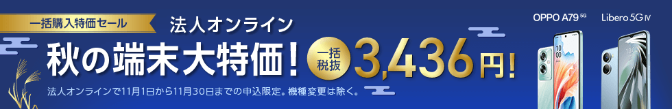 法人オンライン秋の端末大特価！ 一括購入特価セールのPC用バナー画像