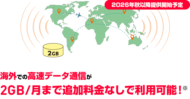 【国際ローミング(世界対応ケータイ)】海外での高速データ通信が2GB/月まで追加料金なしで利用可能!※